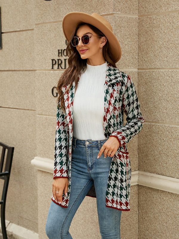 Cardigan - Houndstooth Lapel Knitted Cardigan