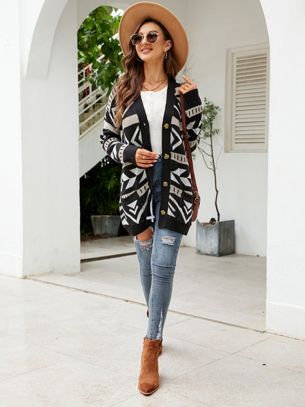 Cardigan - Diamond Loose Jacquard Knitted