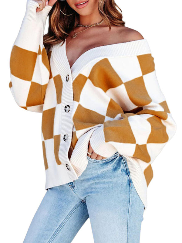 Cardigans - Checkerboard Casual Loose Button