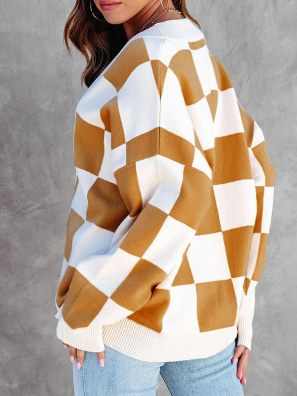 Cardigans - Checkerboard Casual Loose Button
