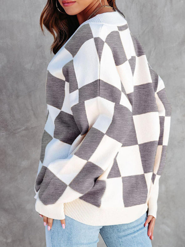 Cardigans - Checkerboard Casual Loose Button