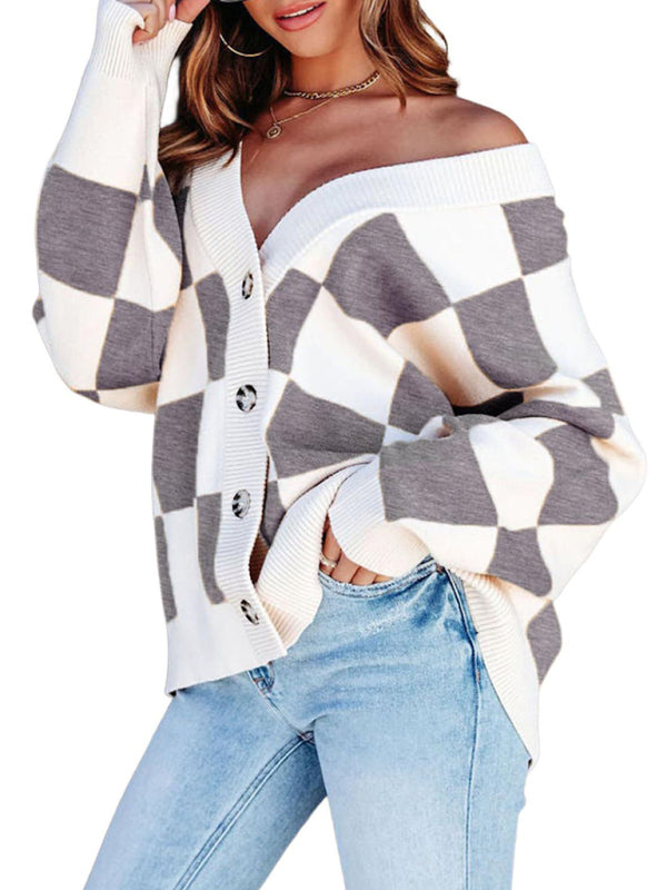 Cardigans - Checkerboard Casual Loose Button