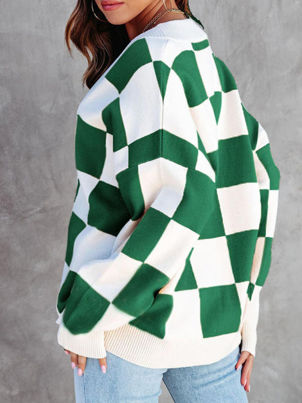 Cardigans - Checkerboard Casual Loose Button