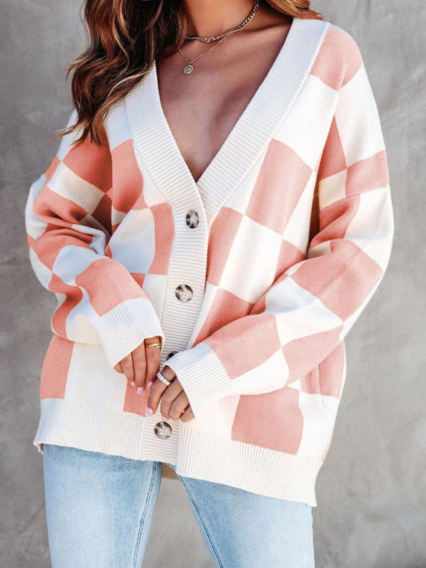 Cardigans - Checkerboard Casual Loose Button