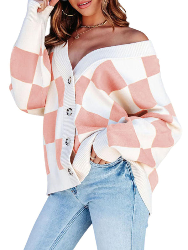 Cardigans - Checkerboard Casual Loose Button