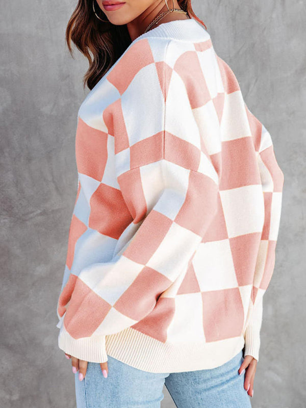 Cardigans - Checkerboard Casual Loose Button