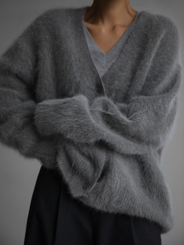 Cardigans - Loose Long Sleeve Long Wool V-neck Sweater