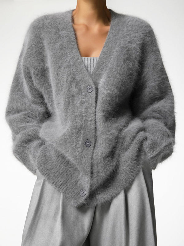 Cardigans - Loose Long Sleeve Long Wool V-neck Sweater