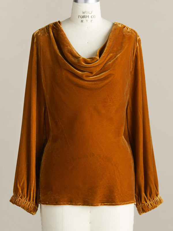 Shirt & Blouse - Gold Velvet Three-quarter Sleeve Elegant