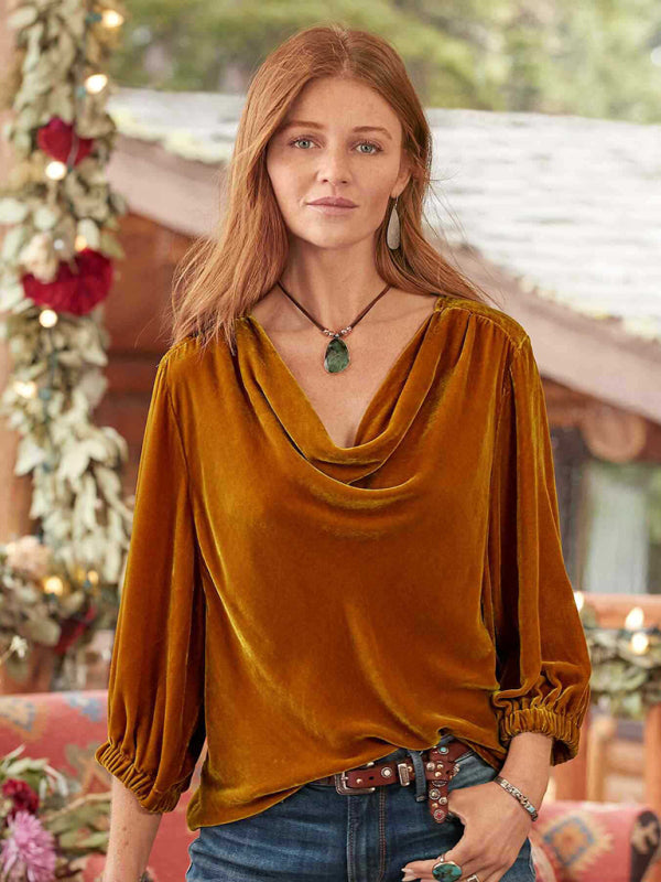 Shirt & Blouse - Gold Velvet Three-quarter Sleeve Elegant