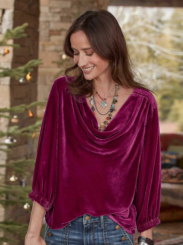 Shirt & Blouse - Gold Velvet Three-quarter Sleeve Elegant