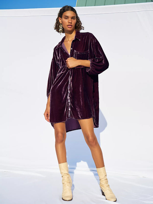Shirt & Blouse - Gold Velvet Casual Swing Collar Blouse