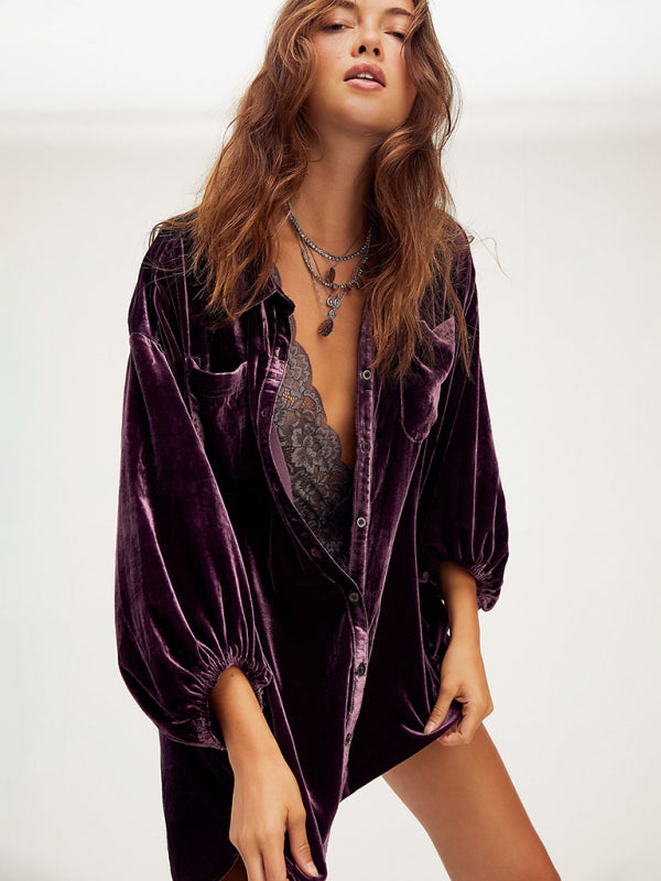 Shirt & Blouse - Gold Velvet Casual Swing Collar Blouse