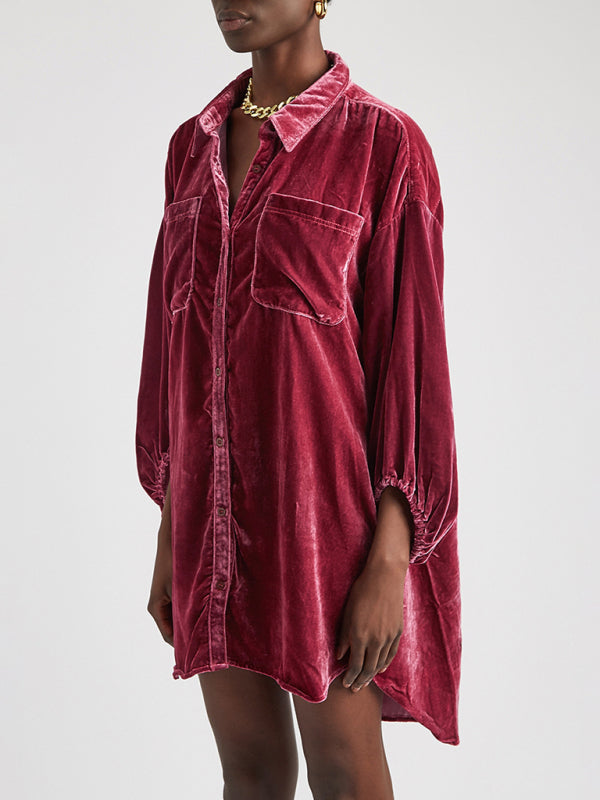 Shirt & Blouse - Gold Velvet Casual Swing Collar Blouse