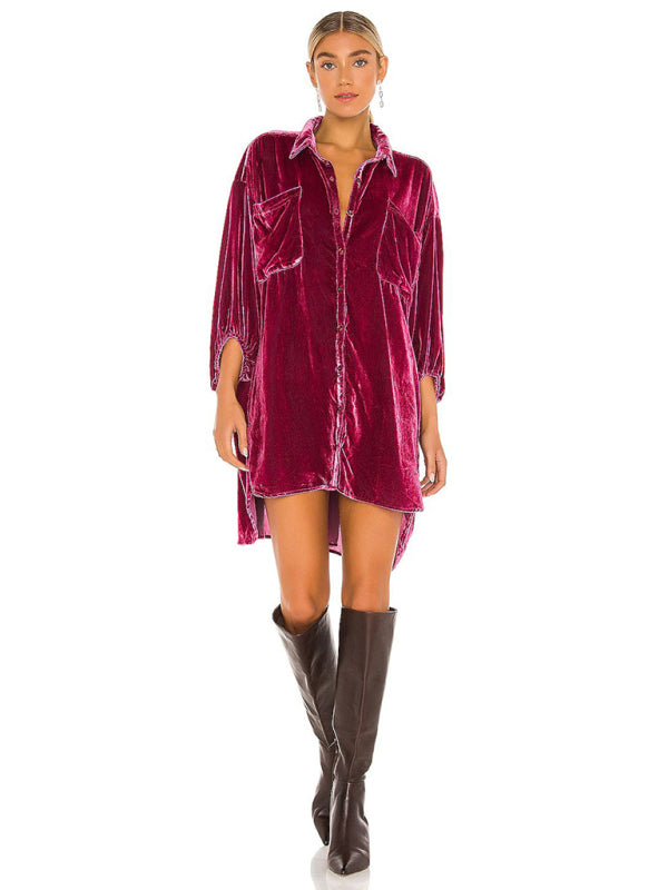 Shirt & Blouse - Gold Velvet Casual Swing Collar Blouse