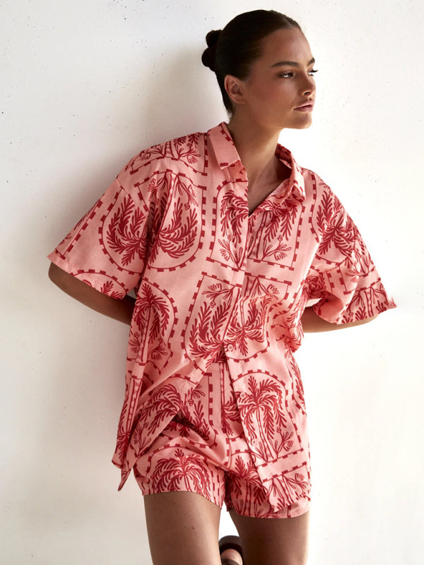 Tropical Print Resort Wear Short-Sleeve Cardigan and Shorts Set
