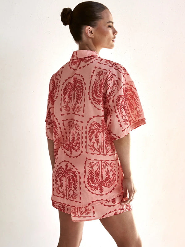 Tropical Print Resort Wear Short-Sleeve Cardigan and Shorts Set