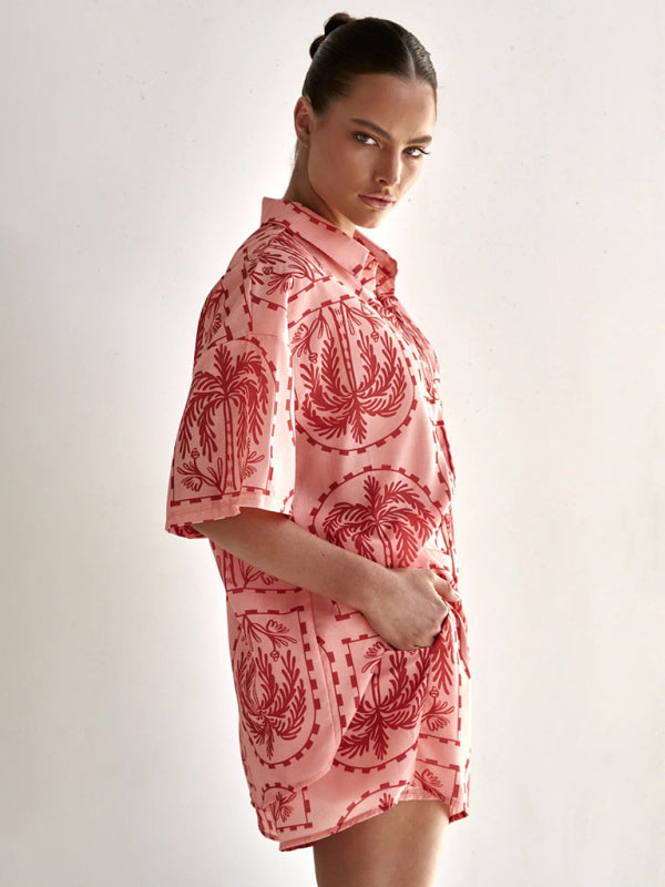 Tropical Print Resort Wear Short-Sleeve Cardigan and Shorts Set