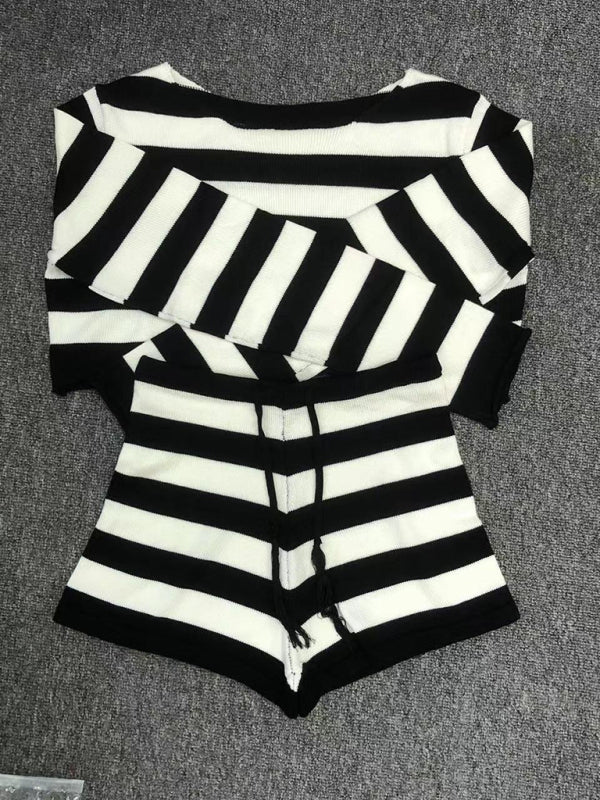 Shorts Set - Resort Casual Striped Knitted Midriff-baring