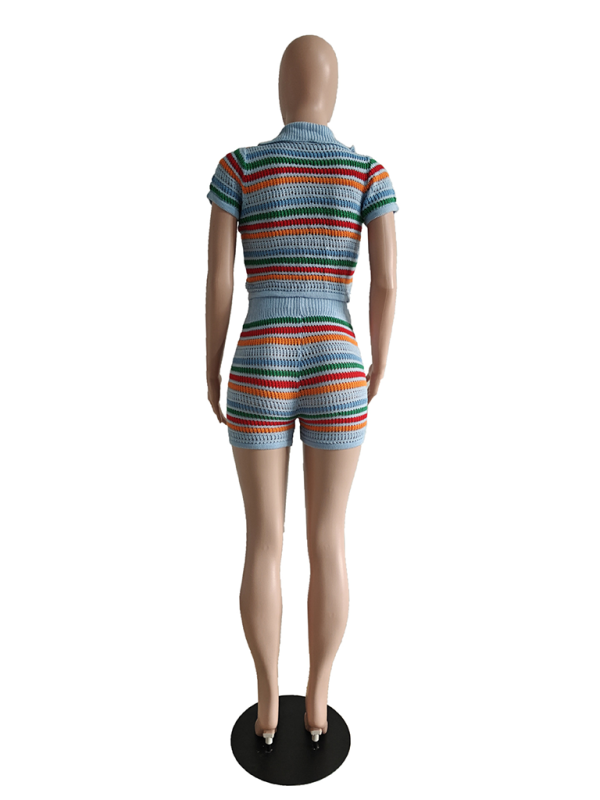 Knitted Contrasting Color Short - Sleeved Short Casual Two-piece Set