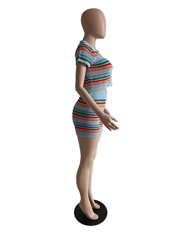 Knitted Contrasting Color Short - Sleeved Short Casual Two-piece Set