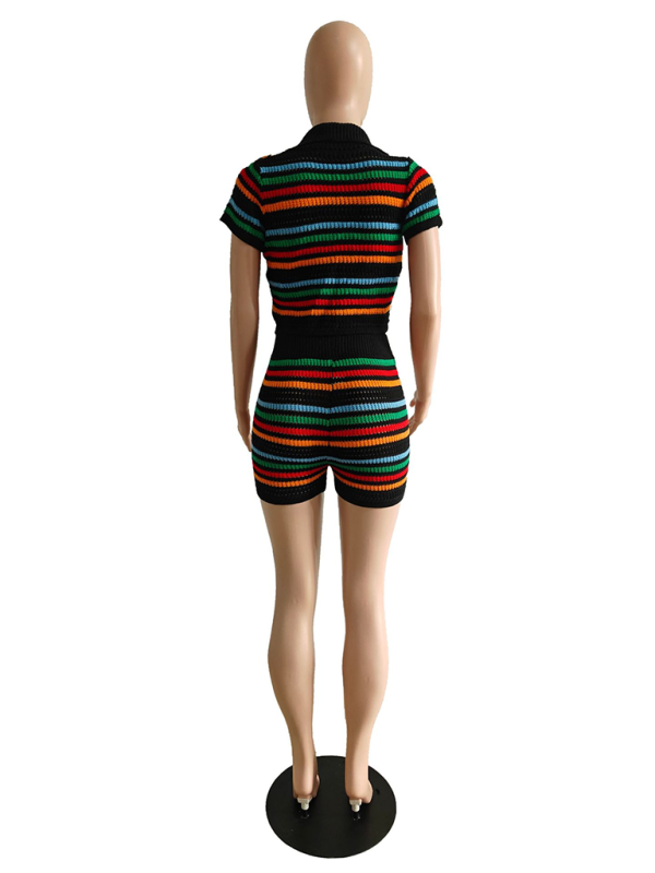 Knitted Contrasting Color Short - Sleeved Short Casual Two-piece Set