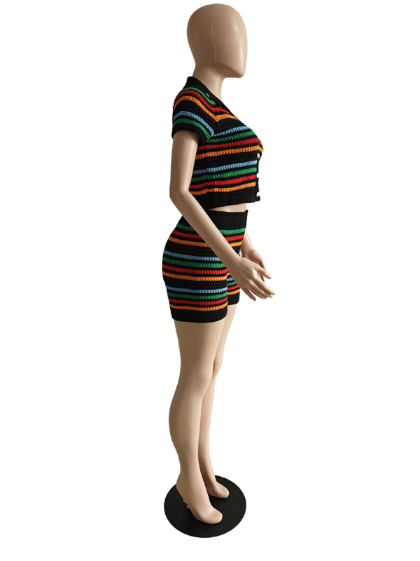 Knitted Contrasting Color Short - Sleeved Short Casual Two-piece Set
