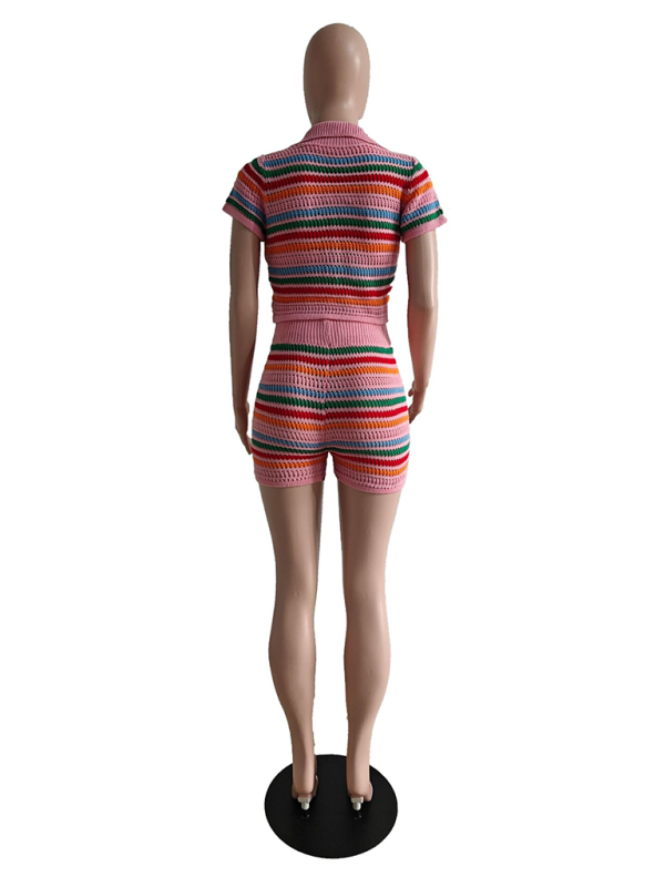 Knitted Contrasting Color Short - Sleeved Short Casual Two-piece Set
