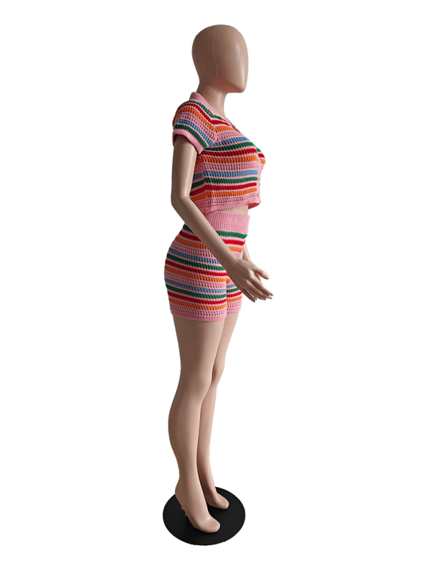 Knitted Contrasting Color Short - Sleeved Short Casual Two-piece Set