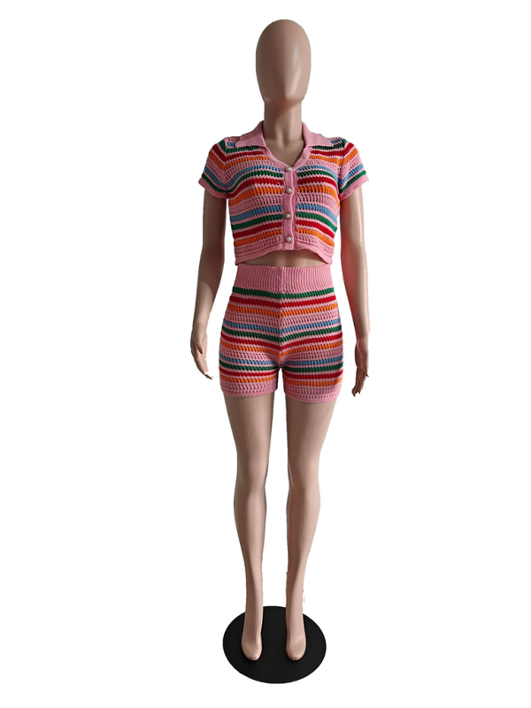 Knitted Contrasting Color Short - Sleeved Short Casual Two-piece Set