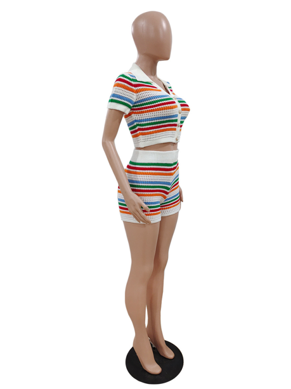 Knitted Contrasting Color Short - Sleeved Short Casual Two-piece Set