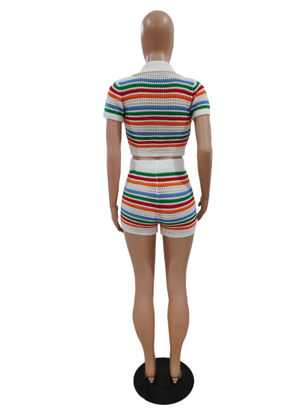 Knitted Contrasting Color Short - Sleeved Short Casual Two-piece Set