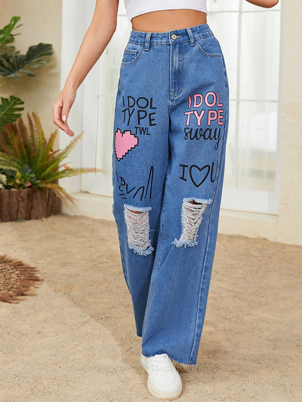 Jeans - Ripped Raw Ddge Denim Trousers - Pink Love Letter Graffiti Print Street Retro Loose