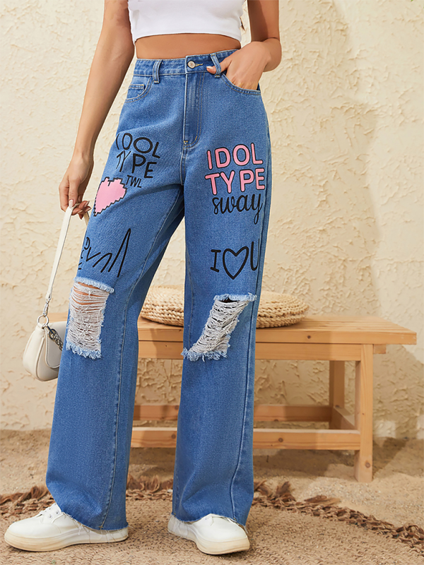Jeans - Ripped Raw Ddge Denim Trousers - Pink Love Letter Graffiti Print Street Retro Loose