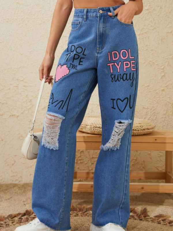 Jeans - Ripped Raw Ddge Denim Trousers - Pink Love Letter Graffiti Print Street Retro Loose
