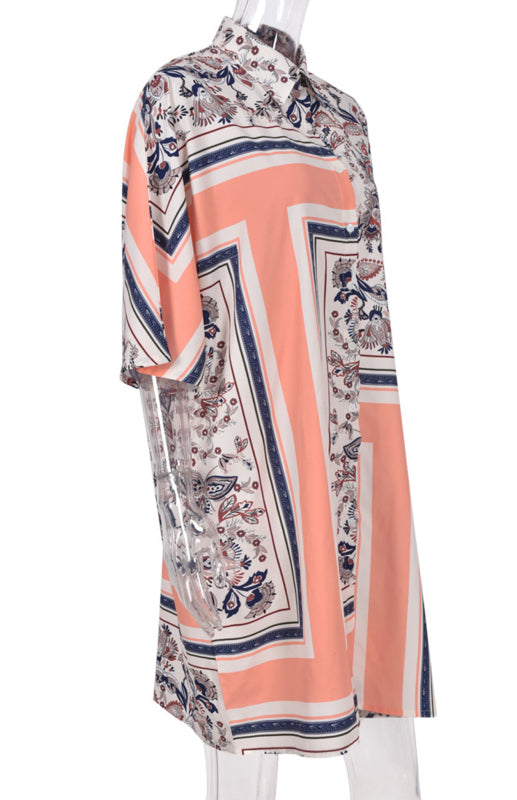 Women's Polo Dress With Loose Geometric Pattern Collar And Three-Quarter Sleeves