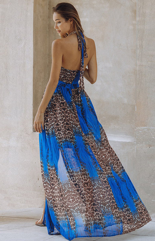 Leopard Print Open Back Chiffon Big Bohemian Long Dress