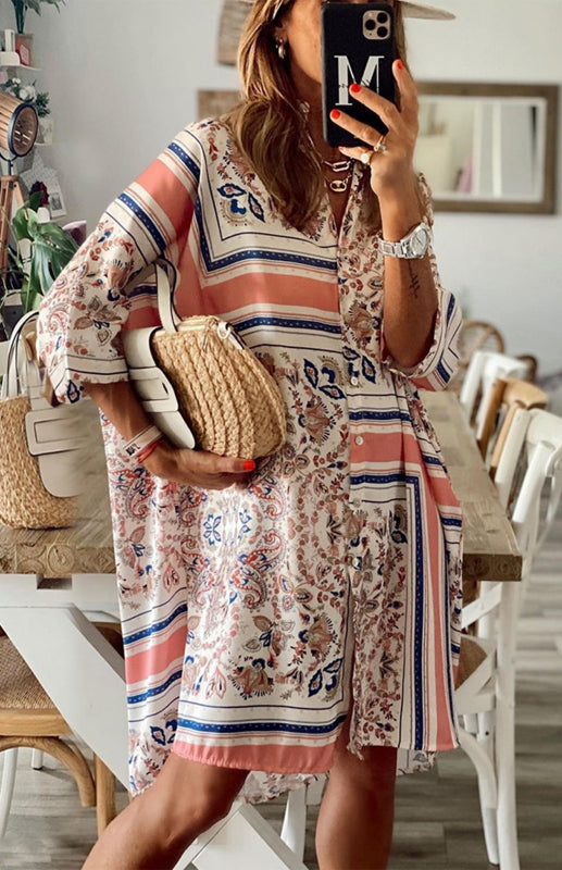 Women's Polo Dress With Loose Geometric Pattern Collar And Three-Quarter Sleeves
