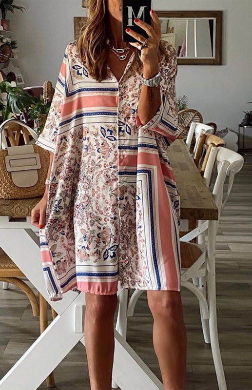 Women's Polo Dress With Loose Geometric Pattern Collar And Three-Quarter Sleeves