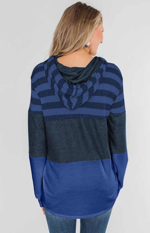Women's Loose Striped Contrast Long Sleeve Pullover Hoodie
