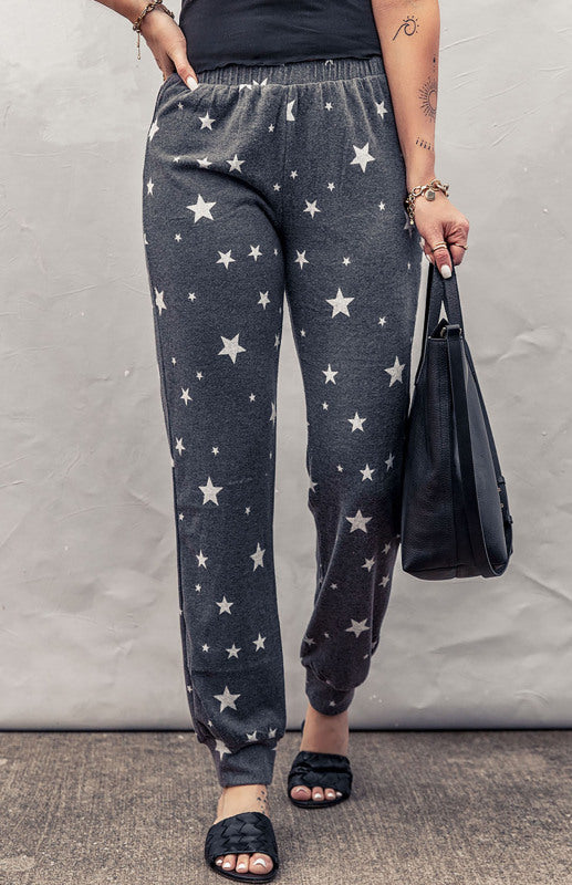 Gray Star Print Elastic Waist Joggers