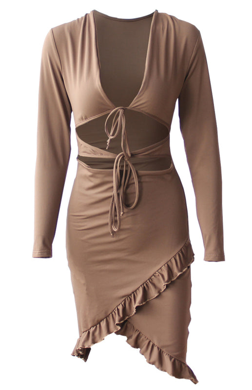 Strappy -  Long Sleeve, V-Neck, Cut-Out Dress