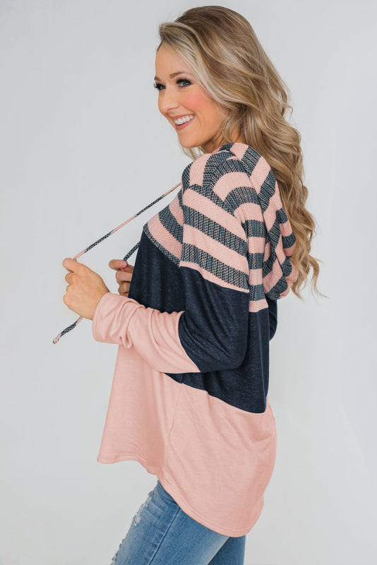 Women's Loose Striped Contrast Long Sleeve Pullover Hoodie