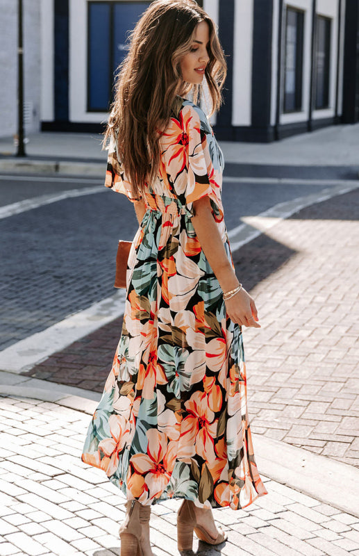 Orange Split Floral Kimono Long Dress