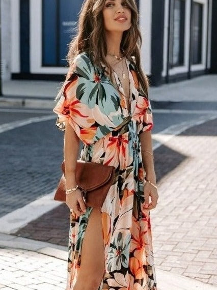 Orange Split Floral Kimono Long Dress