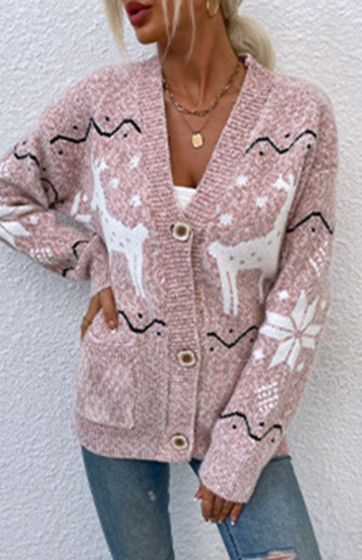 Autumn And Winter Sweaters Single-Breasted Santa Deer Cardigan Sweater Woman