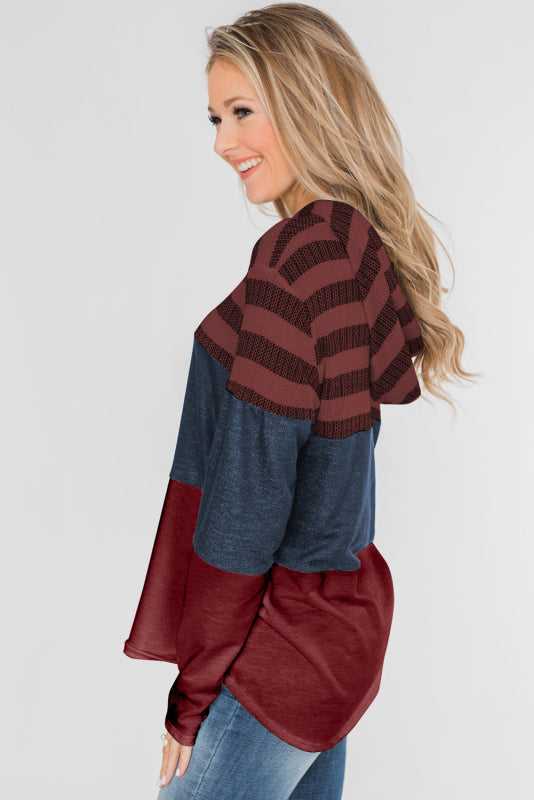 Women's Loose Striped Contrast Long Sleeve Pullover Hoodie
