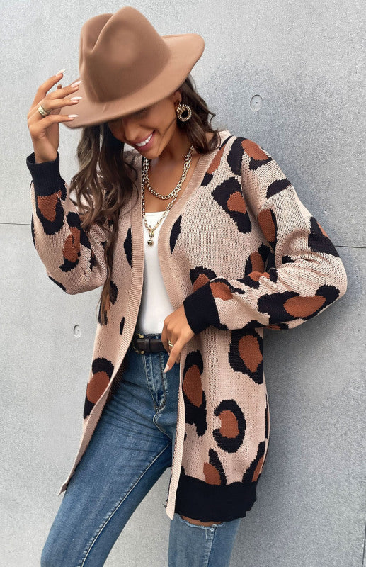 Ladies Leopard Print Sweater Cardigan