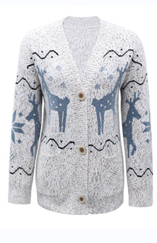 Autumn And Winter Sweaters Single-Breasted Santa Deer Cardigan Sweater Woman