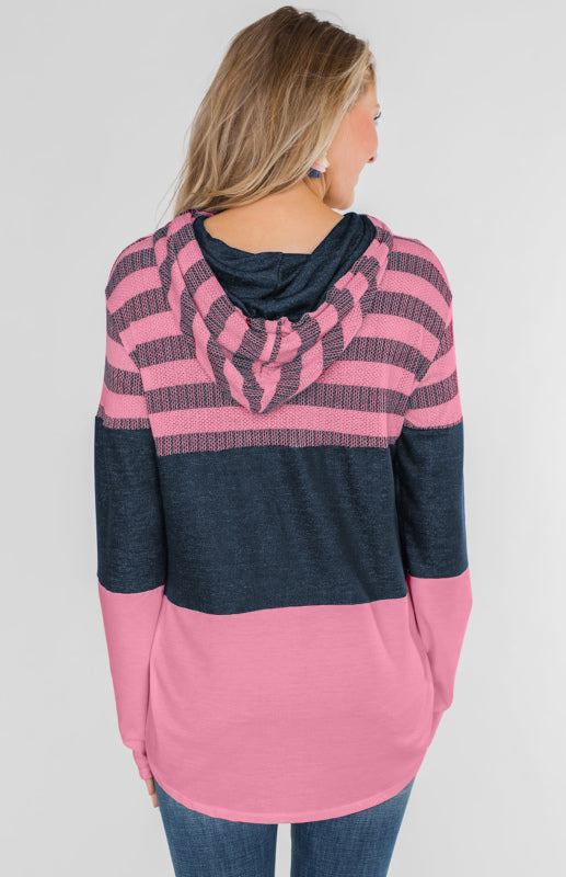 Women's Loose Striped Contrast Long Sleeve Pullover Hoodie